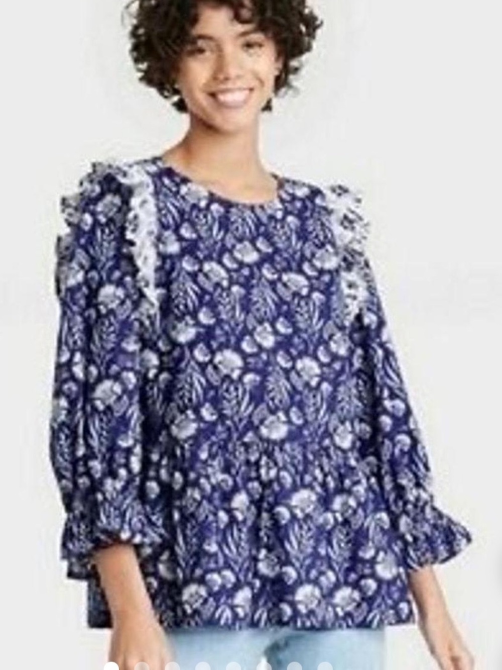 🩷 Universal Thread Navy & White Floral Ruffle Peplum Top size M 🩷